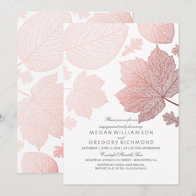 Rose Gold Leaves Elegant Fall Engagement Party Invitation (Front/Back)