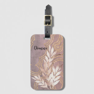 Rose Gold Leaves on Pink/Blue/Gold Waves w/Name Luggage Tag