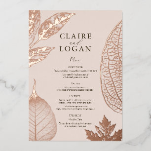 Rose Gold Leaves Pink Beige Wedding Menu Card