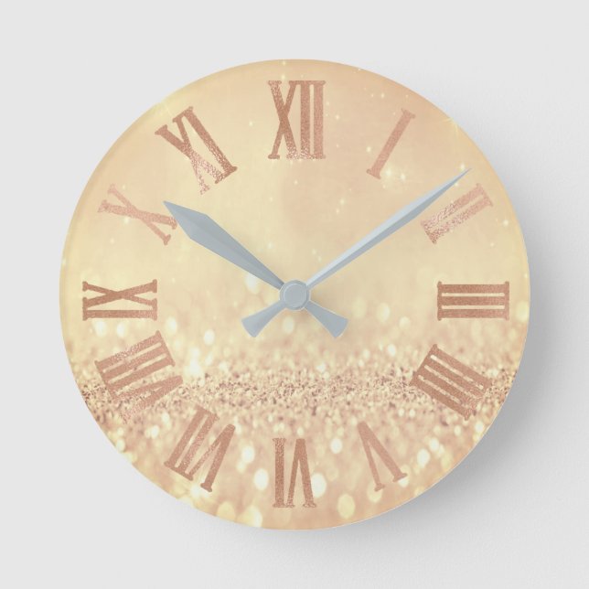 Rose Gold Lemon Glitter Minimal Metal Roman Numer Round Clock (Front)