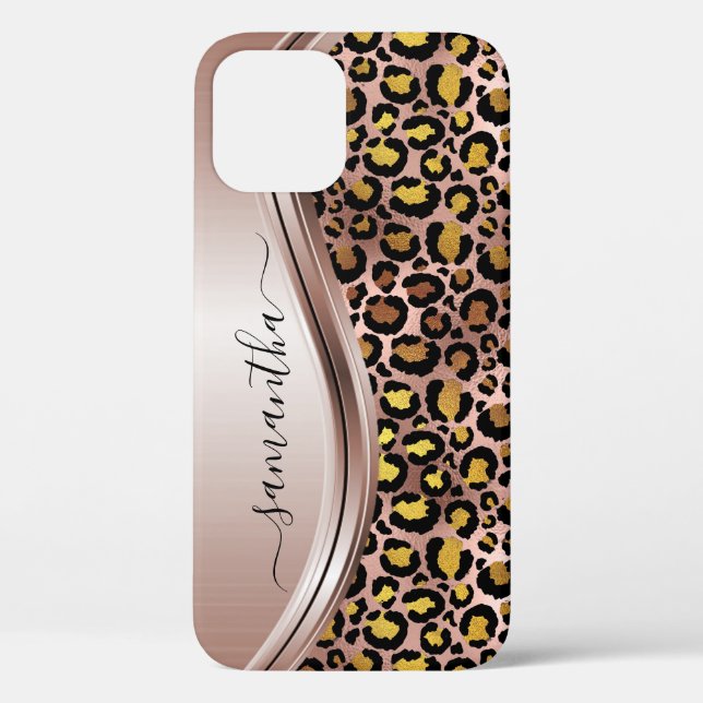 Rose Gold Leopard  Handwritten Name Metal Case-Mate iPhone Case (Back)