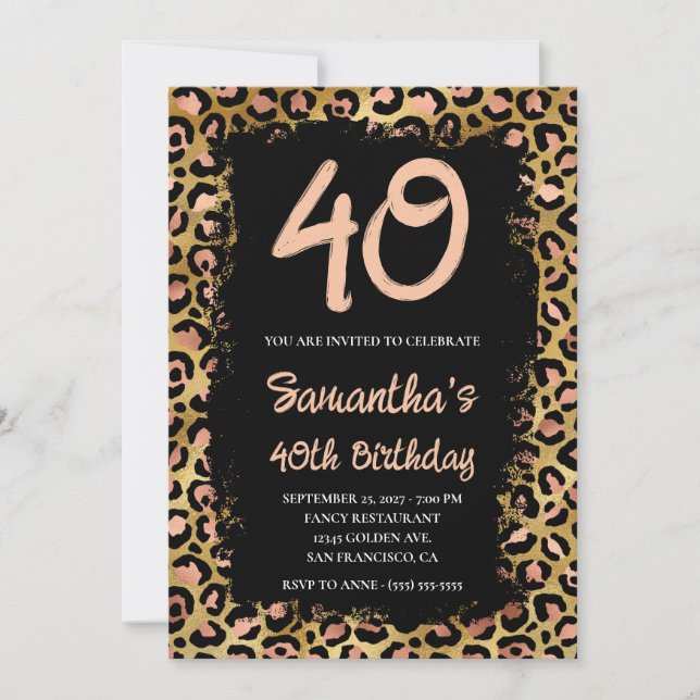 Rose Gold Leopard Painted Black 40th Birthday Invitation (Front)