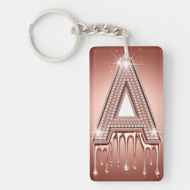 Rose Gold Letter A Dripping Luxury Monogram Key Ring (Front)