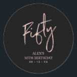 Rose gold Lettering Fifty 50th Birthday Favour Cla Classic Round Sticker<br><div class="desc">This simple custom thank you sticker will add stylish detail to your special day. This design features stylish rose gold script lettering " Fifty" with custom text. Matching 50th birthday invitations and party supplies are available in my shop BaraBomDesign.</div>