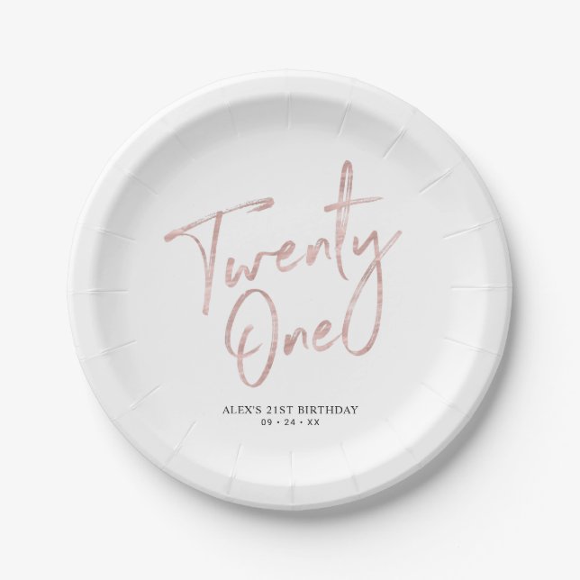 Rose Gold Lettering Twenty one 21st Birthday Party Paper Plate (Front)