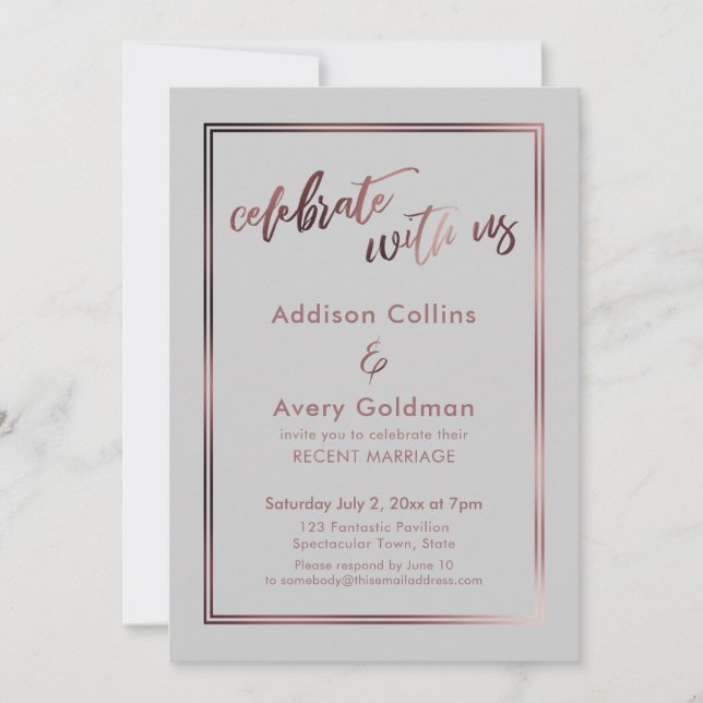 Rose Gold Light Grey Celebrate with Us Typography Invitation (Front)