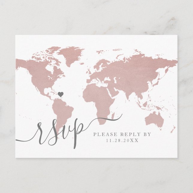 Rose Gold Light Pink World Map Heart RSVP Postcard (Front)