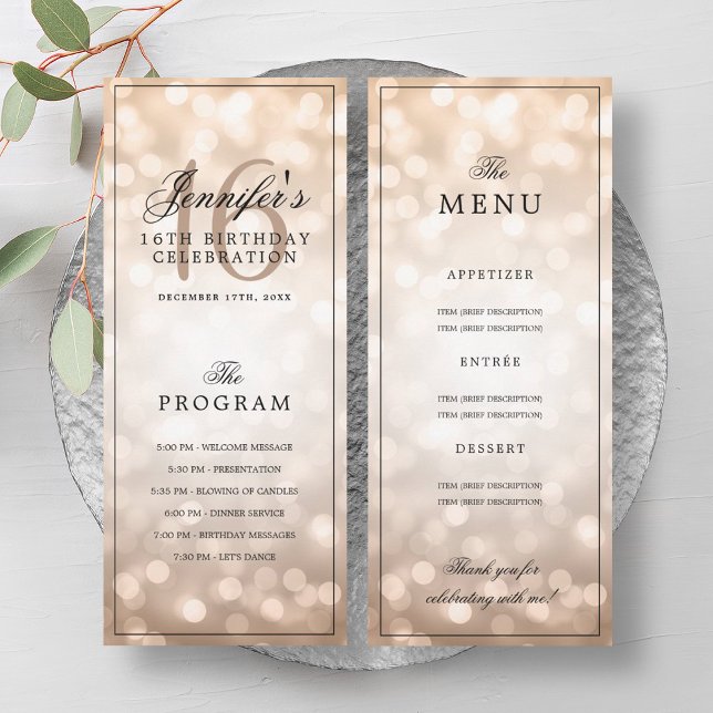 Rose Gold Lights 16th Birthday Program Menu  (Rose Gold Lights 16th Birthday Program Menu )