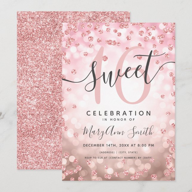 Rose Gold Lights Glitter Confetti 16th Birthday Invitation (Front/Back)
