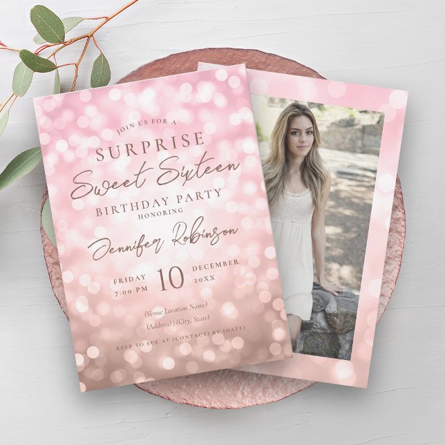 Rose Gold Lights Photo SURPRISE Sweet 16   Invitation (Rose Gold Lights Photo SURPRISE Sweet 16 Invitation)