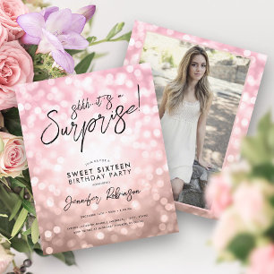 Rose Gold Lights Photo Surprise Sweet 16 Invites 