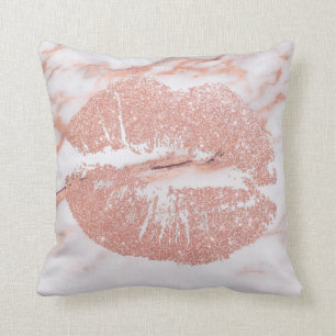 Rose Gold Lips Glitter Blush Copper Kiss Marble Cushion