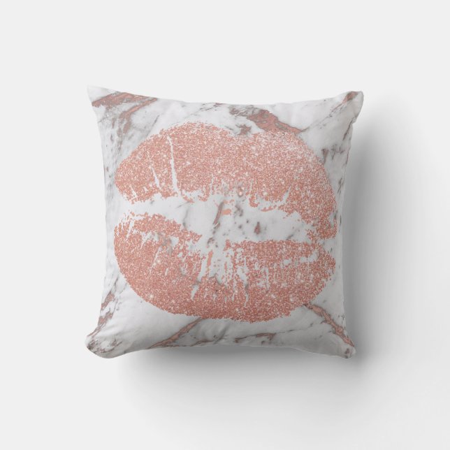 Rose Gold Lips Glitter Blush Sparkly Kiss Marble Cushion (Front)