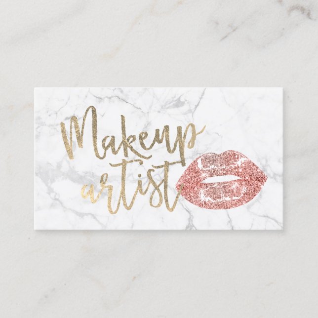 Rose Gold Lips Gold Script Makeup Artist Marble Business Card (Front)