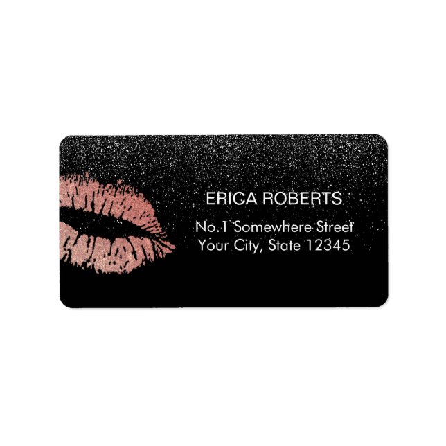 Rose Gold Lips Modern Black Glitter Beauty Salon Label (Front)