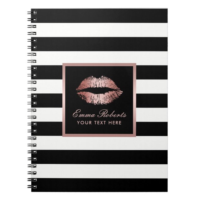 Rose Gold Lips Modern Black & White Stripes Notebook (Front)
