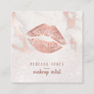 rose gold lips on pink marble and faux glitter square business card