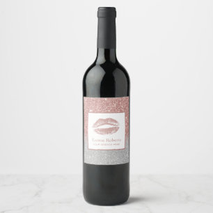 Rose Gold Lipstick Kiss Modern Silver Glitter Wine Label