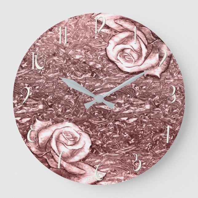 Rose Gold Liquid Chrome Metallic Chic Glam Large Clock (Front)