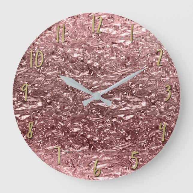 Rose Gold Liquid Chrome Metallic Chic Glam Large Clock (Front)