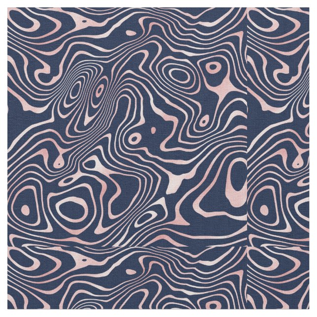 Rose Gold liquid swirl Abstract Blue Design Fabric (Close Up)