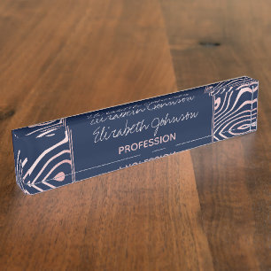 Rose Gold liquid swirl Abstract Blue Design Nameplate