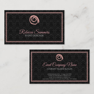 Rose Gold Logo Black Damask Business Card