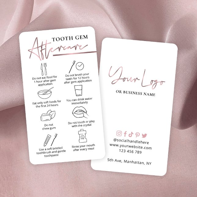 Rose Gold Logo Teeth Crystals Aftercare Dentist Business Card (Rose gold effect dental treatment aftercare cards for tooth gems)