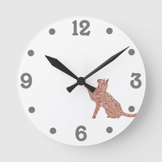 Rose gold look cat silhouette round clock (Front)