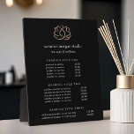 Rose Gold Lotus Spa Pricing/Services Display Plaque<br><div class="desc">Elegant plaque with easel displays your spa, massage or wellness related services or price list in classic white lettering on a rich black background adorned with a faux rose gold foil lotus flower illustration. Includes three customisable headings and body text fields. To adjust layout, enter your text and then use...</div>