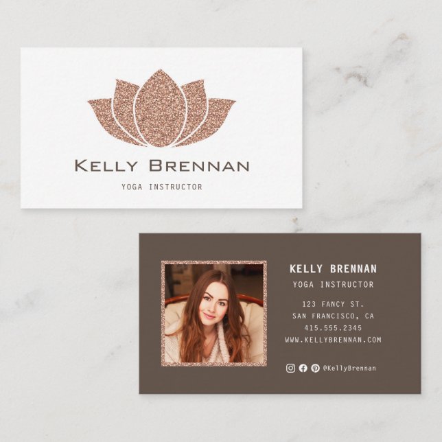 Rose Gold Lotus Yoga Business Card with Photo (Front/Back)