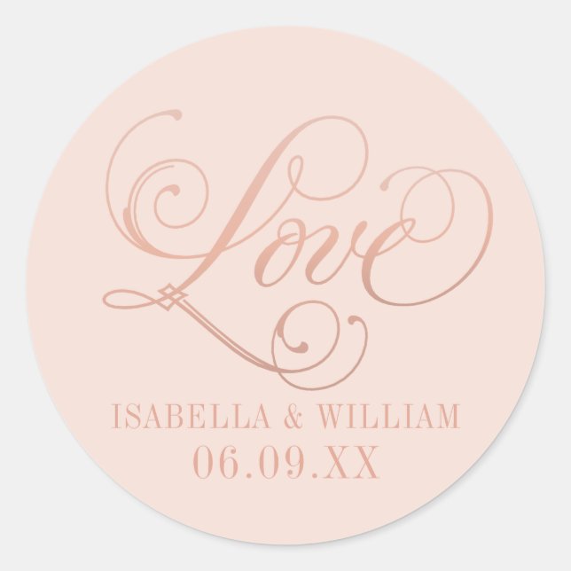 Rose Gold Love Script Blush Monogram Wedding Classic Round Sticker (Front)