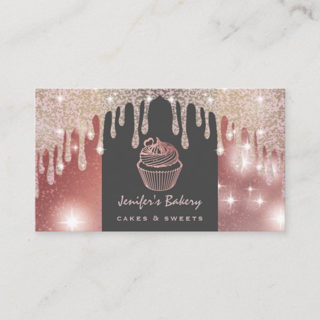 Rose gold luxury glittery drips  cupcake bakery business card (Front)
