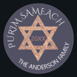 Rose Gold Magen David Custom Purim Any Holiday Classic Round Sticker<br><div class="desc">Create your own custom Purim stickers with this stylish faux rose gold glitter Magen David design or edit PURIM SAMEACH for any holiday or occasion. The rose gold Star of David is accented by an optional year in dusty mauve in the centre and two crisp white text templates in mixed...</div>