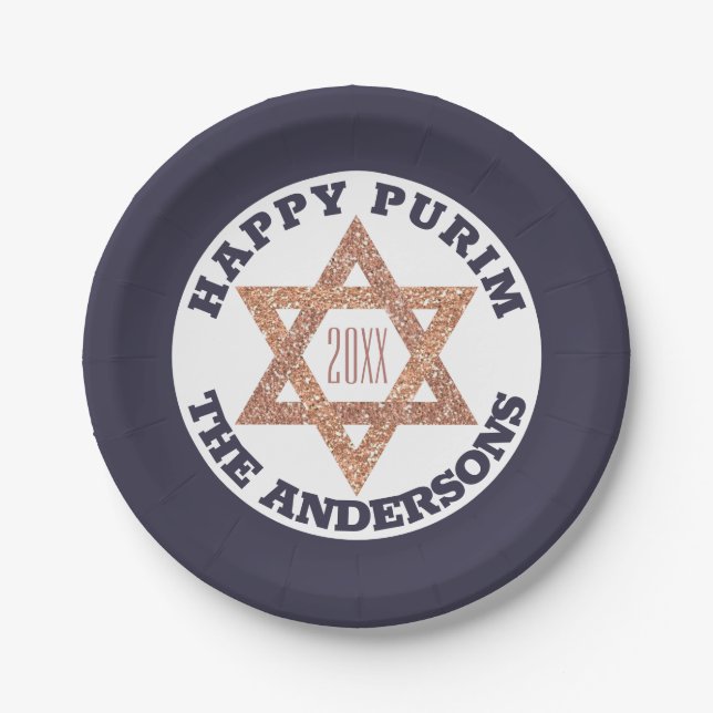 Rose Gold Magen David Star Happy Purim Party Paper Plate (Front)