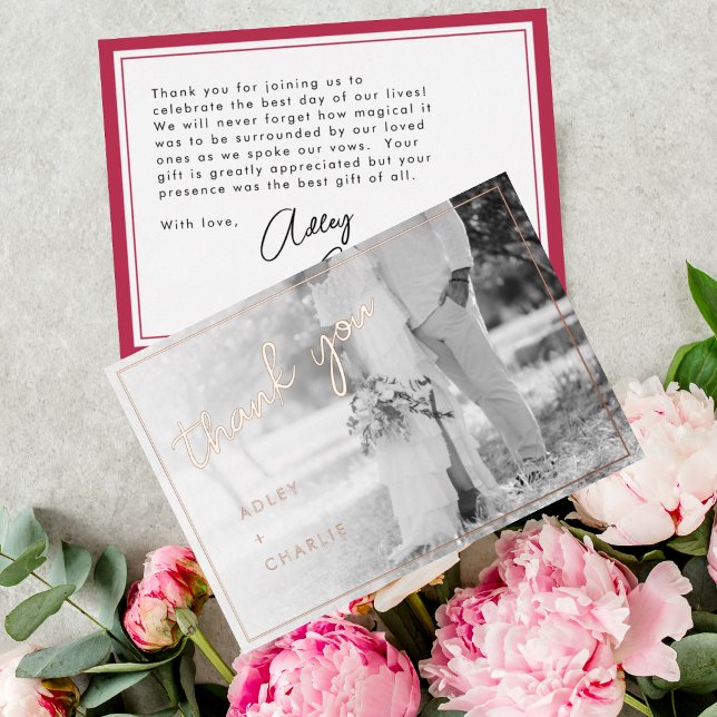 Rose Gold Magneta Wedding Photo Thank You  Foil Holiday Card (Creator Uploaded)