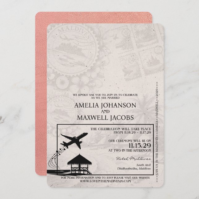 Rose Gold Maldives Passport Wedding Invitation (Front/Back)