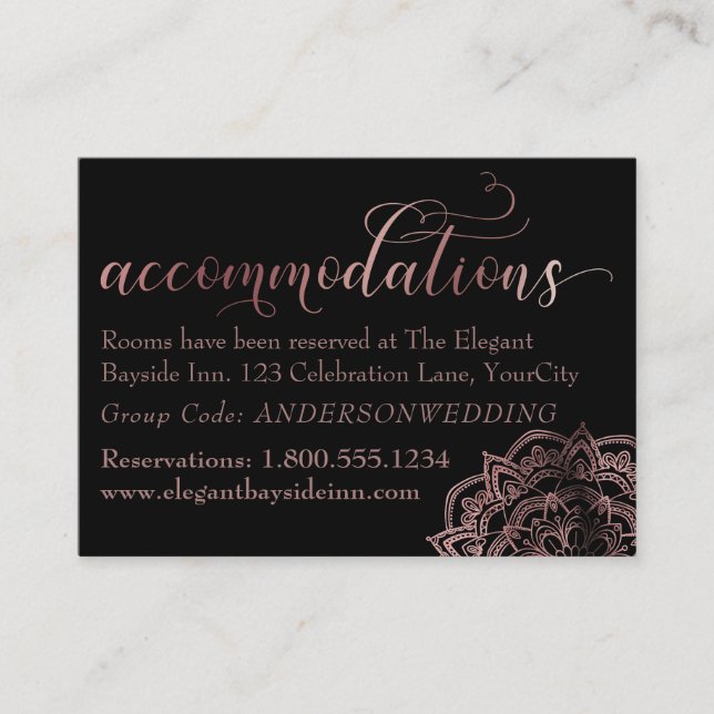 Rose Gold Mandala Black Accommodations Insert Card (Front)