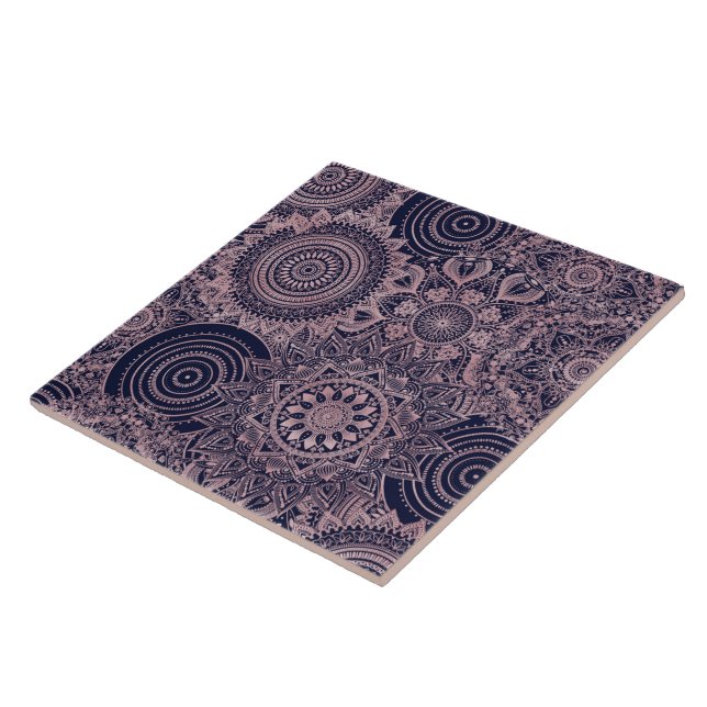 Rose Gold Mandala Collection Blue Design Ceramic Tile (Side)