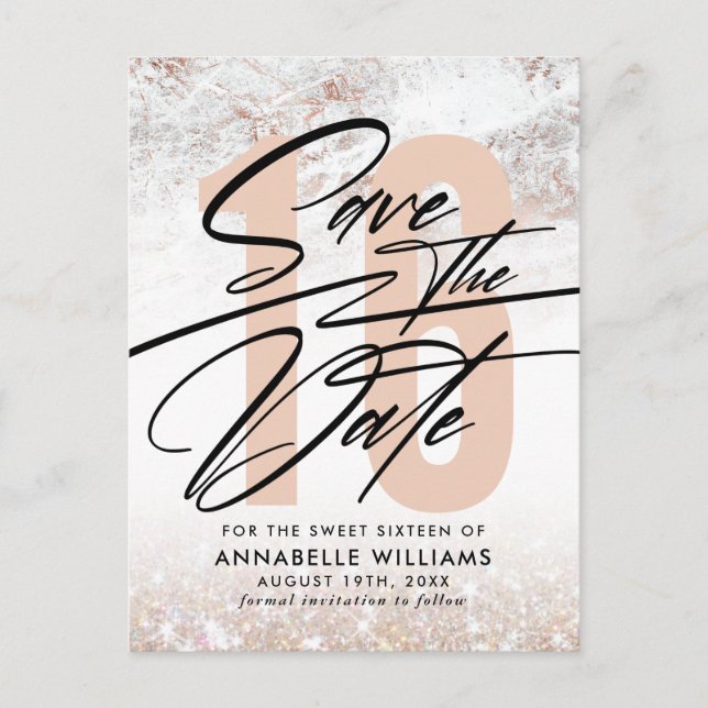 Rose Gold Marble 16th Birthday Party Save The Date Postcard (Front)