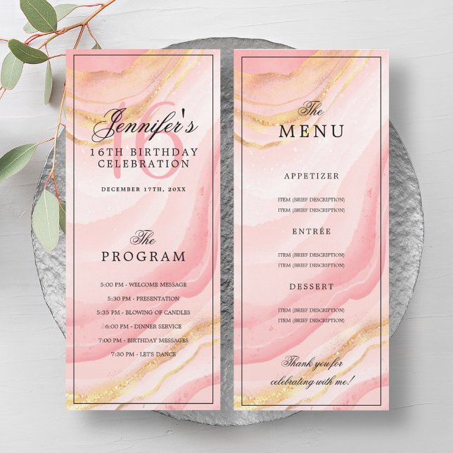 Rose Gold Marble 16th Birthday Program Menu  (Rose Gold Marble 16th Birthday Program Menu )