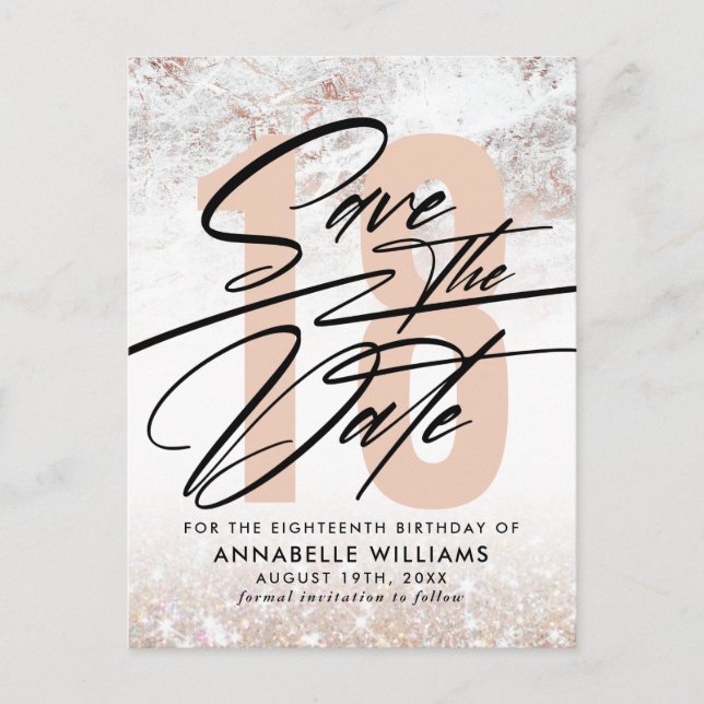 Rose Gold Marble 18th Birthday Party Save The Date Postcard (Front)
