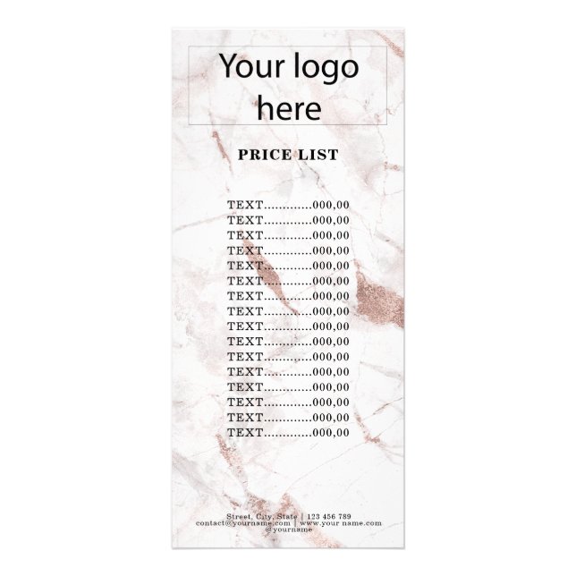 rose gold marble add your logo price list rack card (Front)