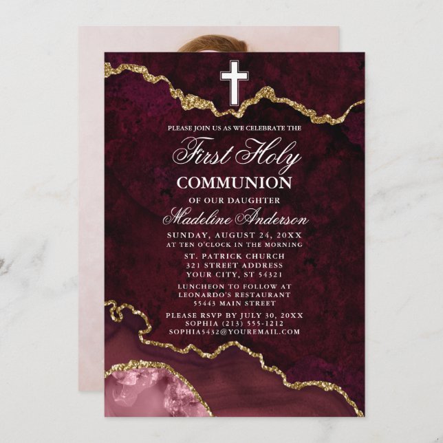 Rose Gold Marble Agate Geode Photo First Communion Invitation (Front/Back)