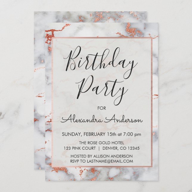Rose Gold Marble Any Age Birthday Party Invitation (Front/Back)