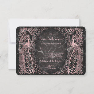 Rose Gold Marble Art Deco Peacocks RSVP