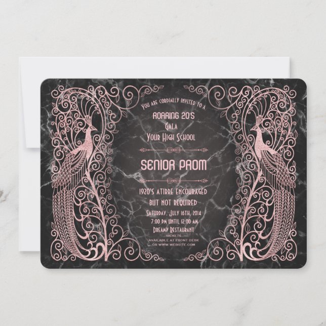 Rose Gold Marble Art Deco Peacocks Senior Prom Invitation (Front)