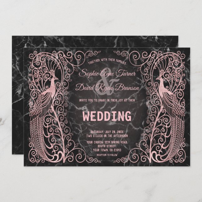 Rose Gold Marble Art Deco Peacocks Wedding Invite (Front/Back)