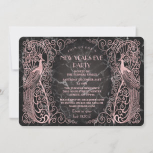 Rose Gold Marble Art Peacocks New Year's Eve Invitation
