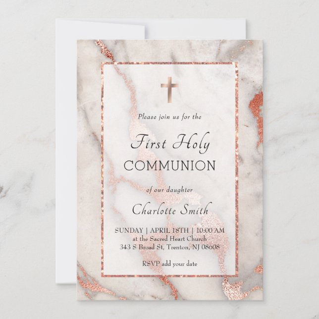 rose gold marble background First Holy Communion Invitation (Front)